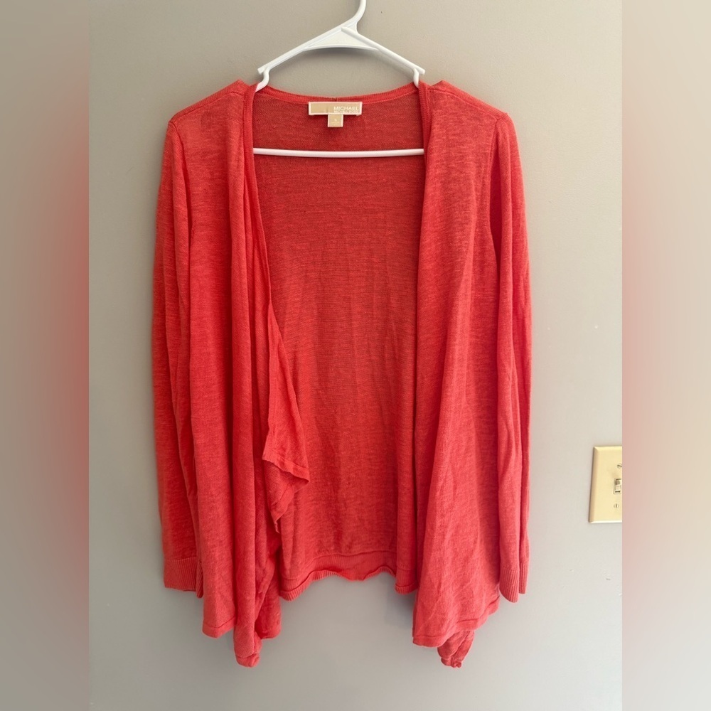 Michael Kors Open Front Cardigan Woman’s SZ S Coral Linen Blend Long Sleeve Knit